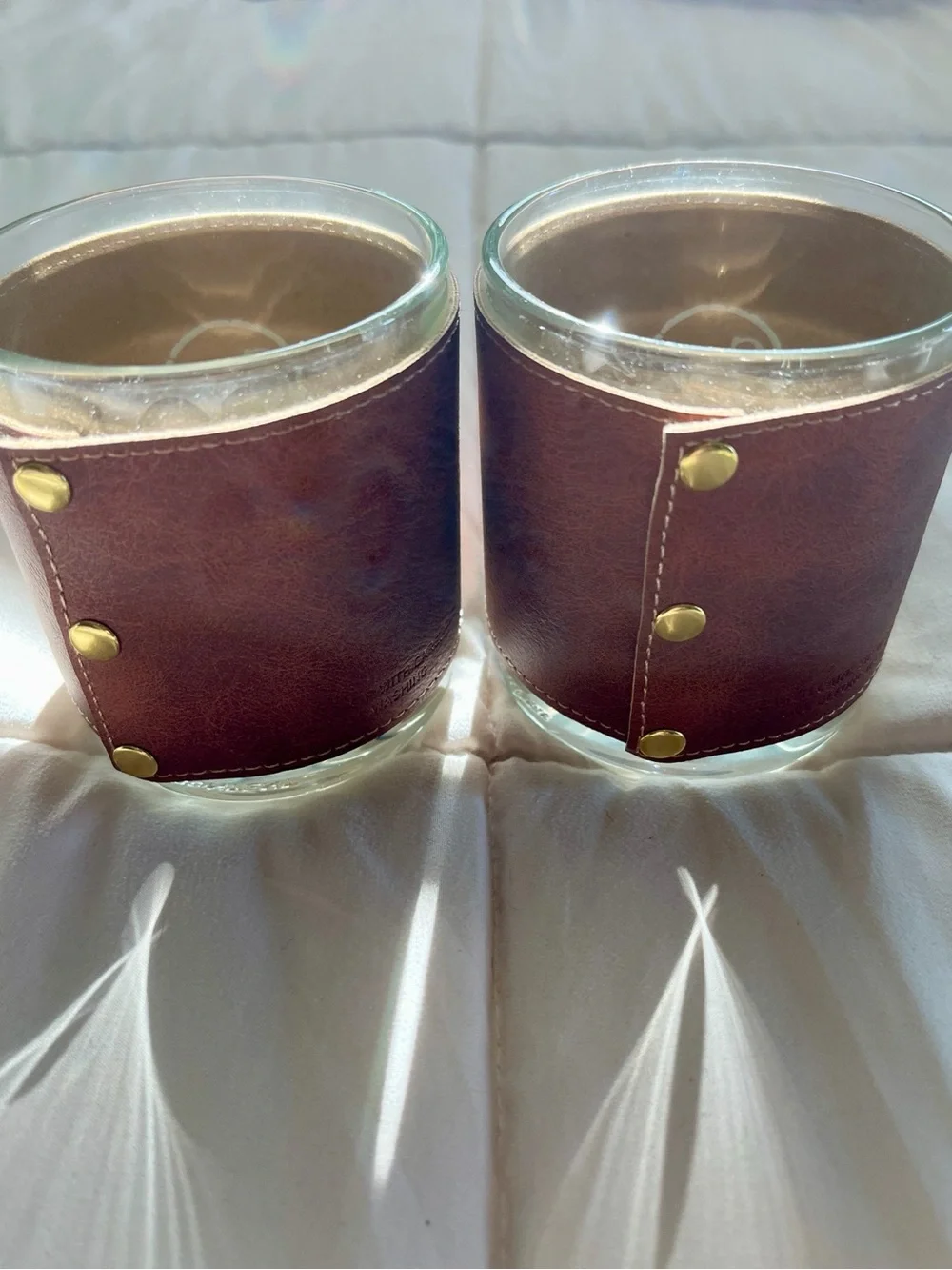 Back on sale! Two Glasses Wrapped With Leather Doubled Snap on Grips
